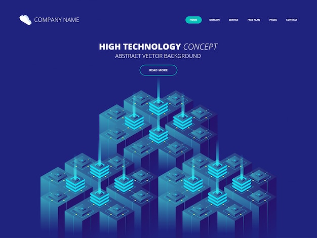 Sala de servidores isométrica y concepto de procesamiento de datos grandes, centro de datos e icono de base de datos, tecnología de información digital