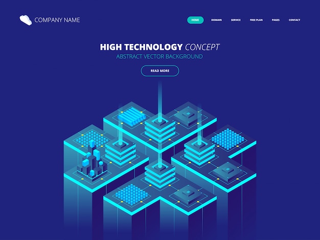 Sala de servidores isométrica y concepto de procesamiento de datos grandes, centro de datos e icono de base de datos, tecnología de información digital