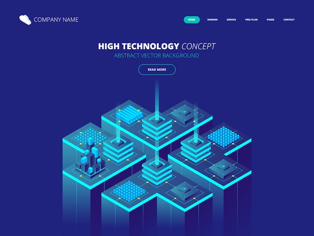 Vector sala de servidores isométrica y concepto de procesamiento de datos grandes, centro de datos e icono de base de datos, tecnología de información digital