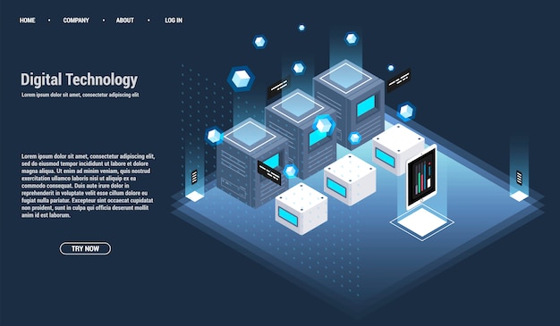 Sala de servidores isométrica y concepto de procesamiento de datos grandes, centro de datos e icono de base de datos