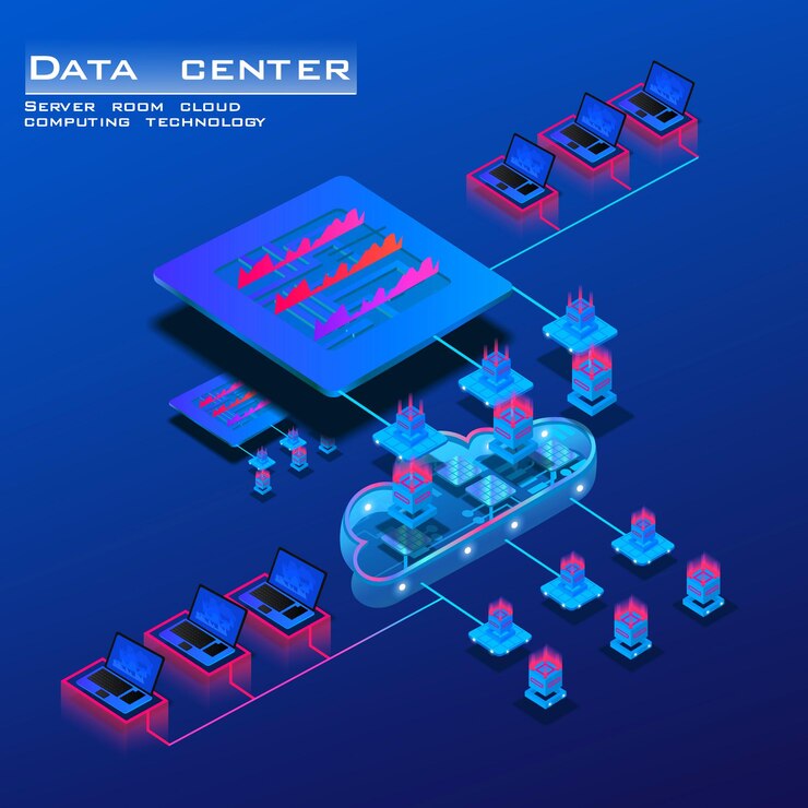 Vector sala de servidores con potente procesador para alojamiento web concepto isométrico de centro de datos e información concepto de almacenamiento de big data y tecnología de computación en la nube