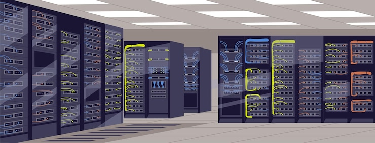 Vector sala de servidores con racks, equipos, gabinetes, clúster de hardware de computadora para almacenamiento de información digital. alojamiento de internet, red, sistema de tecnología de telecomunicaciones. ilustración vectorial plana
