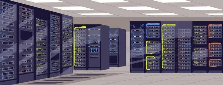 Vector sala de servidores con racks, equipos, gabinetes, clúster de hardware de computadora para almacenamiento de información digital. alojamiento de internet, red, sistema de tecnología de telecomunicaciones. ilustración vectorial plana