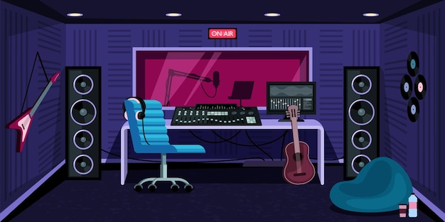Vector sala de sonido de grabación de estudio de música con amplificador de parlantes y guitarra para canciones grabación en vivo fondo de dibujos animados vectoriales
