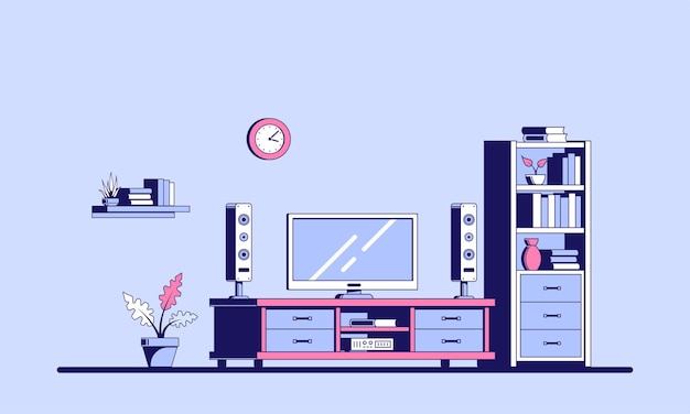 Sala de TV con muebles. Ilustración de estilo plano del interior de una habitación con gran televisor de plasma.