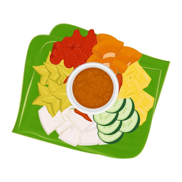 Salada de frutas tradicional indonesia con salsa de azúcar marrón picante Rujak buah o lotis buah lutis buah