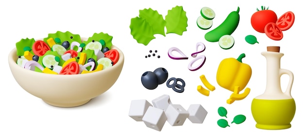 Salada griega 3d render ingredientes de verduras frescas tomates cebolla aceitunas y aceite de oliva en botella cocina mediterránea elementos alimenticios vectoriales concisos
