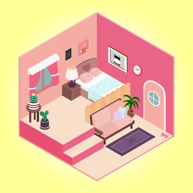 Salas de construcción isométricas en ilustraciones vectoriales con dormitorios de decoración interior