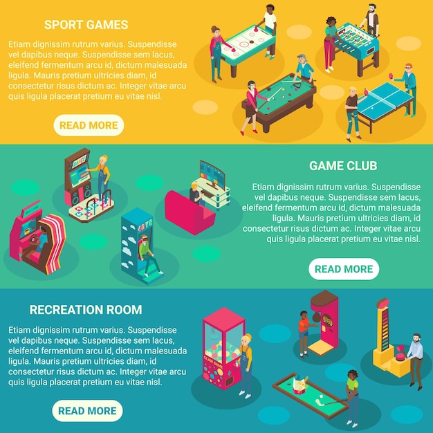 Salas de juegos vector banners de ilustración isométrica d plana