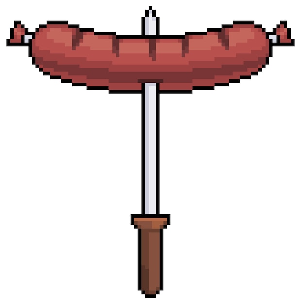 Salchicha de arte de píxeles en un icono de vector de pincho para juego de 8 bits sobre fondo blanco