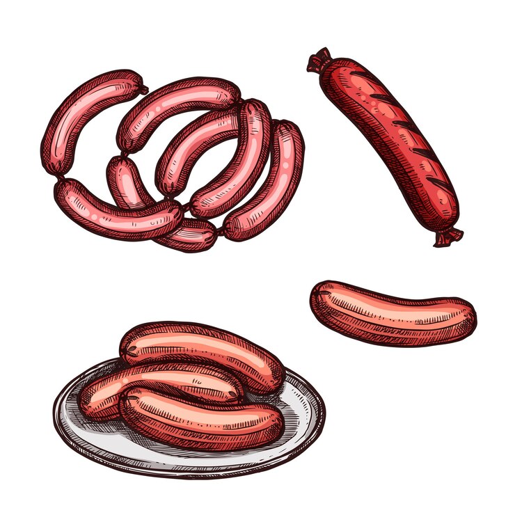 Vector salchicha de carne a la parrilla y boceto de frankfurt