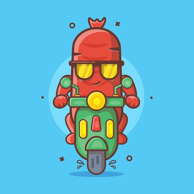 Vector salchicha fresca comida carácter mascota montar scooter motocicleta dibujos animados aislados en diseño de estilo plano