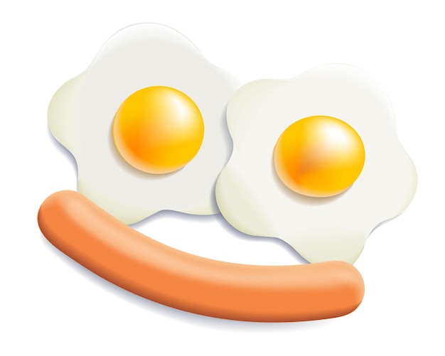 Salchicha y huevos fritos Modelo 3D volumétrico Plato para el desayuno Cara de comida Comida lista Comida aislada Yema