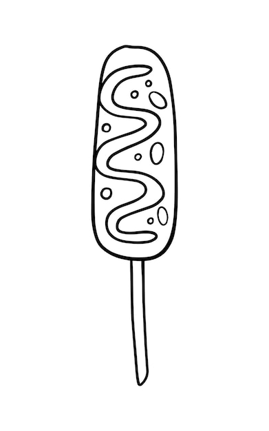 Salchicha con mostaza en un producto de carne de palo con salsas comida rápida comida chatarra doodle dibujos animados lineales