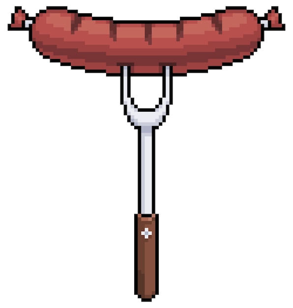 Salchicha a la parrilla de pixel art en icono de vector de horquilla para juego de 8 bits sobre fondo blanco