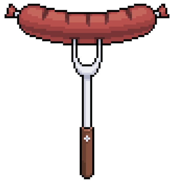 Salchicha a la parrilla de pixel art en icono de vector de horquilla para juego de 8 bits sobre fondo blanco