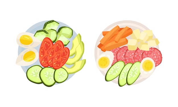 Salchichas cortadas y cortadas y verduras servidas en el plato por encima del conjunto vectorial de vista