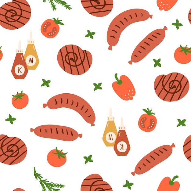 Salchichas patrón barbacoa salchichas a la parrilla patrón sin costuras Barbacoa comida fondo salsa ketchup mostaza tomates pimienta hierba Mano dibujar salchichas de dibujos animados Cute snack vector ilustración