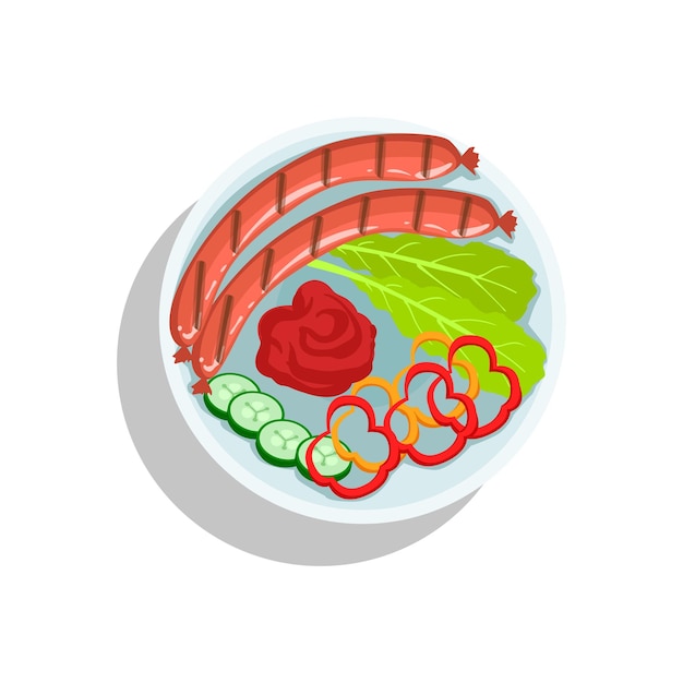 Salchichas Con Salsa De Tomate Y Verduras Frescas Ilustración De Plato De Comida A La Parrilla De Oktoberfest