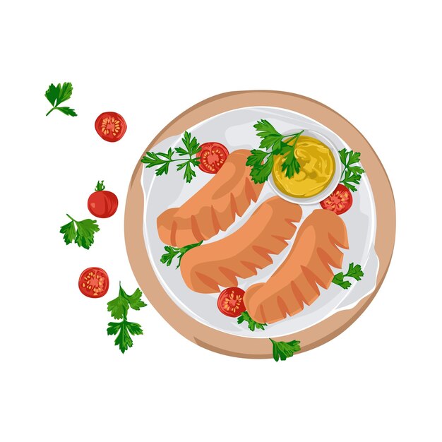 Salchichas en la sartén con vector vegetal