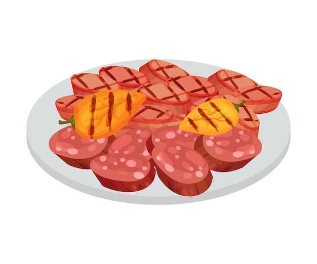 Vector salchichas y wurt grilled slabs descansados en el plato como comida festiva para la celebración de oktoberfest ilustración vectorial