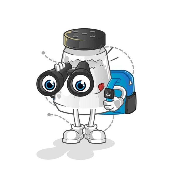 Salero con binoculares personaje de dibujos animados mascota vector