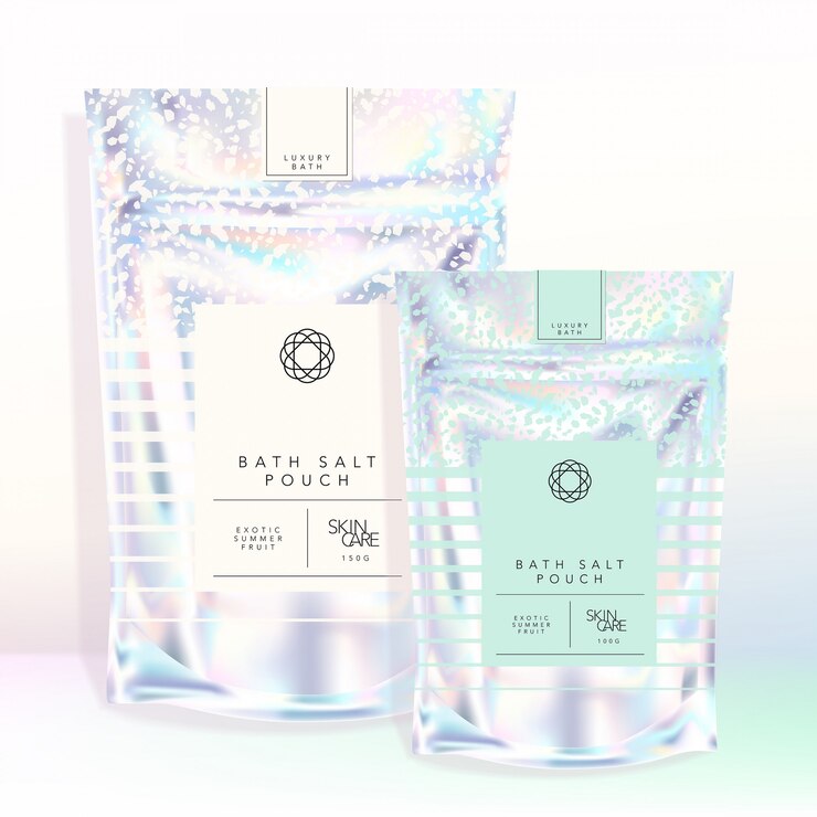 Sales de baño iridiscentes holográficas, artículos de papelería, accesorios de aromaterapia, envases elegantes y modernos
