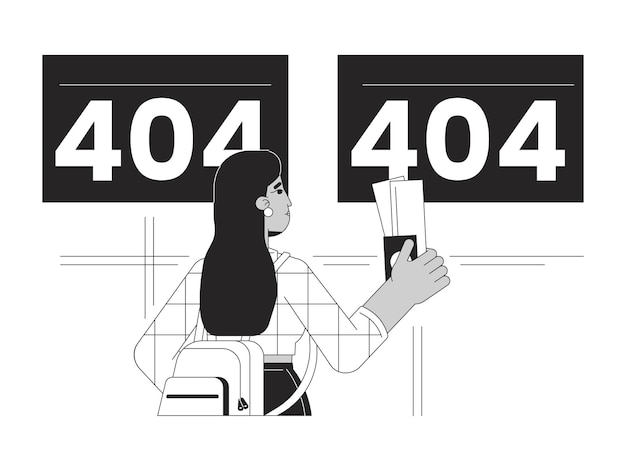 Salida del aeropuerto vuelos cancelados error blanco y negro 404 mensaje flash accidente de viaje diseño de UI de estado vacío monocromo página no encontrada imagen de dibujos animados de pop-up concepto de ilustración de contorno plano vectorial