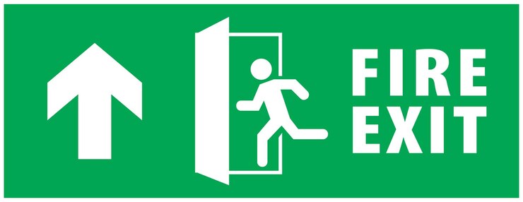Vector salida de emergencia y señal de salida de incendios establecida icono de hombre corriendo a la puerta advertencia de vector de flecha de color verde