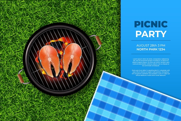 Salmón a la parrilla cartel de picnic invitación a una fiesta de barbacoa jardín de parque en 3D y servilleta a cuadros vista superior parrilla de mariscos pescado de barbacoa comida de cocina al aire libre pancarta de fondo vectorial realista