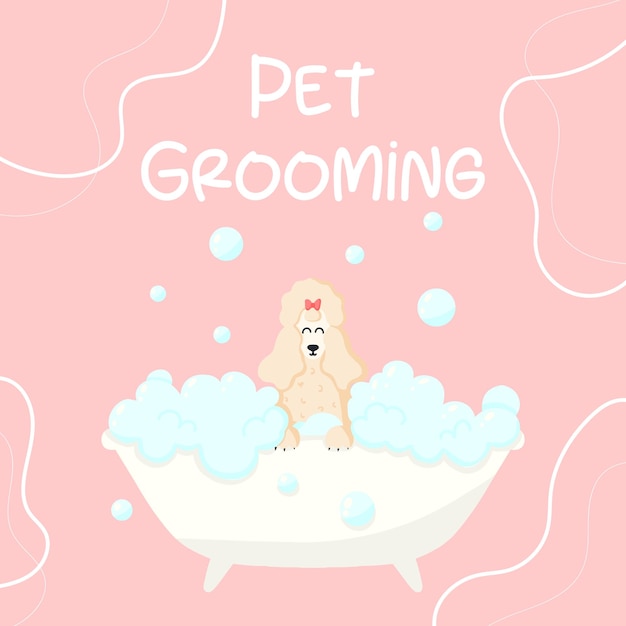 Salón de aseo Banner para salón de aseo Ilustración vectorial en estilo de dibujos animados Lindo caniche en un baño de burbujas Cuidado de mascotas