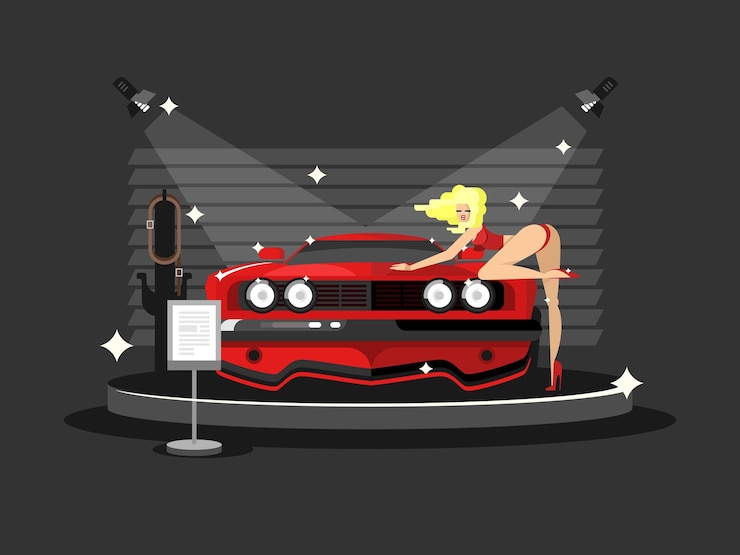 Vector salón del automóvil con chica guapa