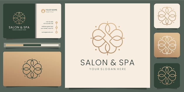 Salón de belleza femenino y spa línea arte monograma forma logo.diseño de logotipo dorado, icono y plantilla de tarjeta de visita. vector premium