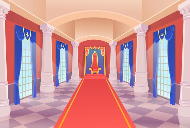 Vector salón del castillo con un trono de rey y ventanas. salón del castillo de vector con un trono de rey y ventanas. ilustración de artoon.