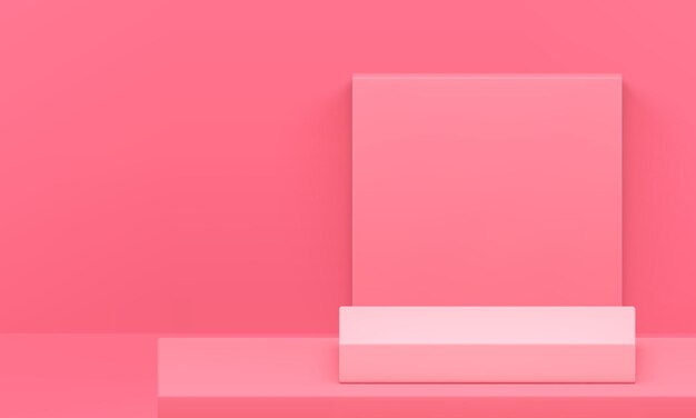 Salón de exposiciones geométrico rosado pedestal de podio 3D con fondo de pared cuadrado vector realista