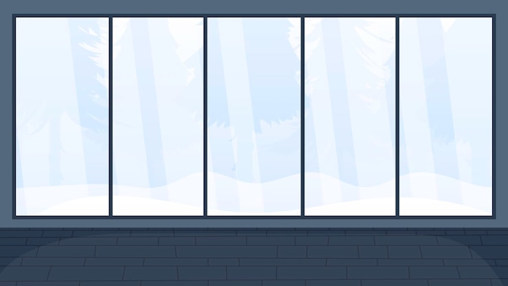 Vector un salón de fiestas con una gran ventana panorámica con vistas al bosque. para diseñar sobre el tema del año nuevo. vector.