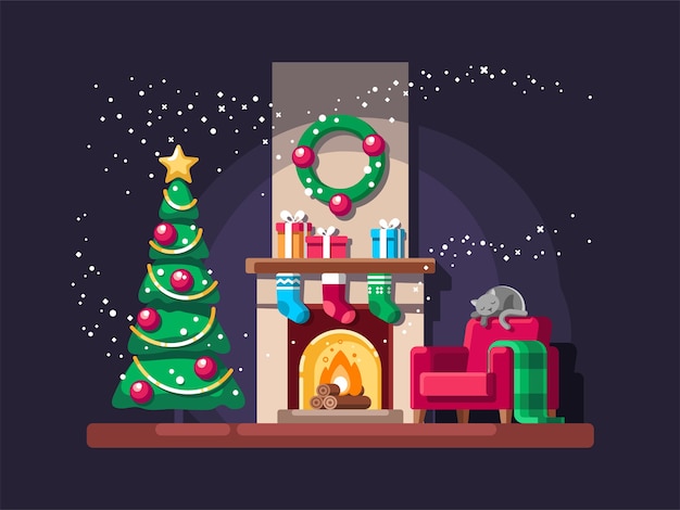 Vector salón navideño con árbol, regalos y chimenea.