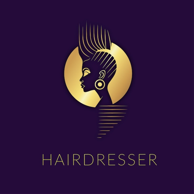 Vector salón de peluquería para mujeres diseño de logotipo dorado afro peluquero