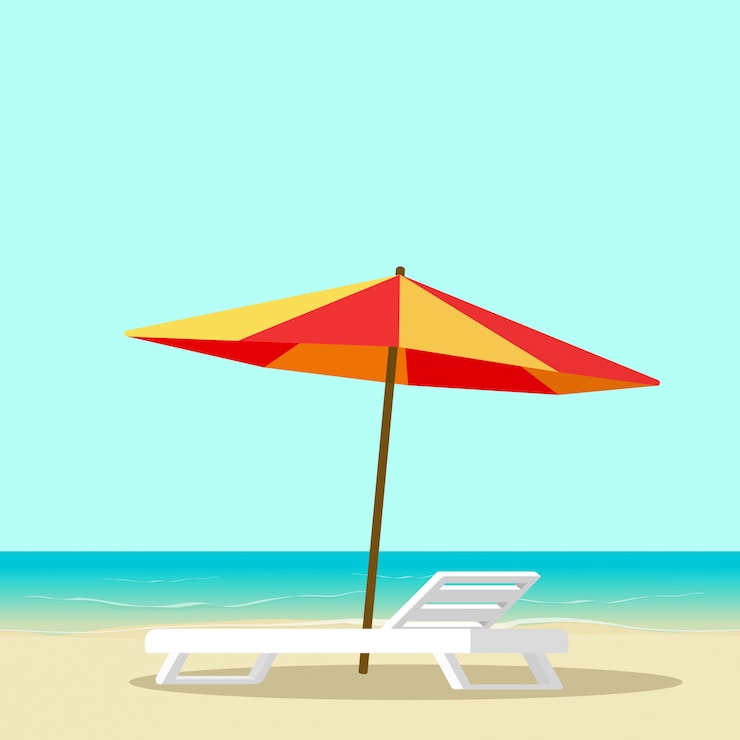 Vector salón de playa con silla vacía cerca de mar y sombrilla ilustración vectorial de dibujos animados plana