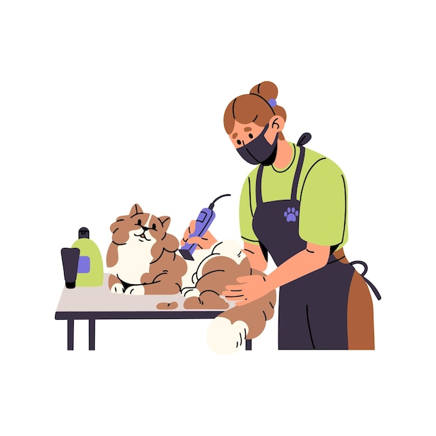 Vector salón de servicios de cuidado de mascotas el peluquero profesional corta el pelaje de un gato esponjoso con un cortador la niña se preocupa por un gatito lindo gato peludo tendido en la mesa ilustración vectorial aislada plana sobre fondo blanco