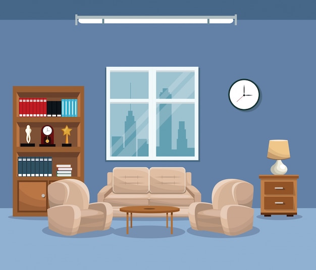 salón sofá biblioteca lámpara de mesa reloj ventana