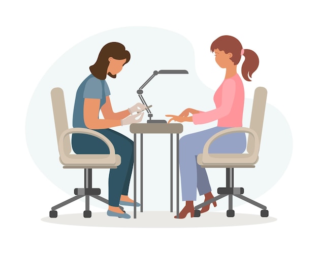 Salón de uñas Mujer manicurista trabaja con un cliente Concepto de negocio Vector de ilustración