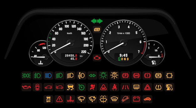 Vector salpicadero del coche con un conjunto de iconos de información que indican el estado del coche