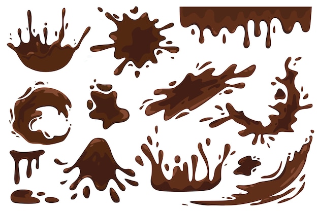 Salpicadura de chocolate en estilo de dibujos animados conjunto de elementos aislados paquete de postre derretido de chocolate negro dulce