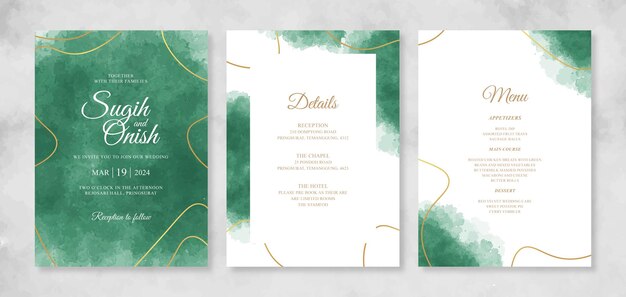 Salpicaduras de acuarela para plantilla de conjunto de invitación de tarjeta de boda
