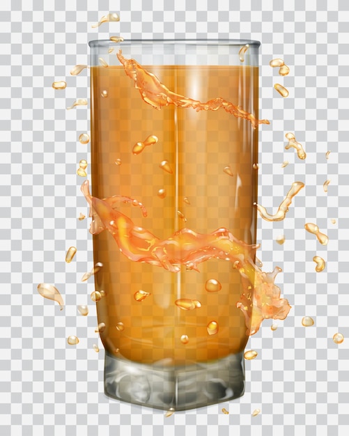 Salpicaduras de agua en colores naranja alrededor de un vaso transparente con jugo de naranja