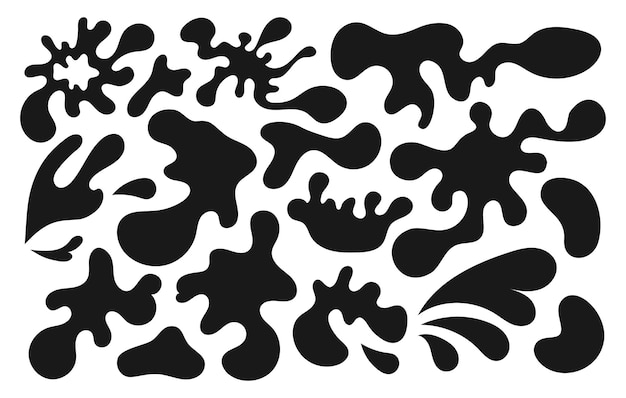 Salpicaduras de agua gotas formas mar negro océano olas plantilla Vector conjunto de salsa río salpicaduras aisladas