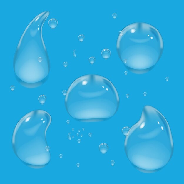Salpicaduras de agua limpias y ecológicas en forma de gotas grandes y pequeñas ilustración vectorial