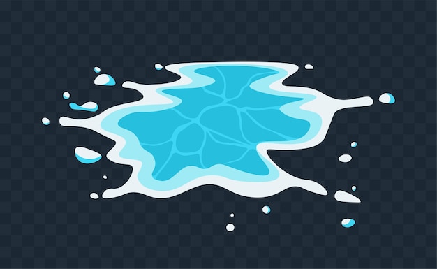 Vector salpicaduras de agua líquida charco húmedo azul de pegatina de lluvia o icono con gotas de agua que caen o se extienden