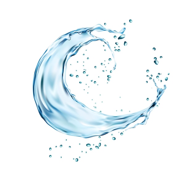 Salpicaduras de agua con remolino de onda y gotas de líquido, vector azul aqua fresca. Salpicaduras de agua transparente realista con gotas de remolino, marco de giro de bebida limpia con flujo de burbujas que salpica